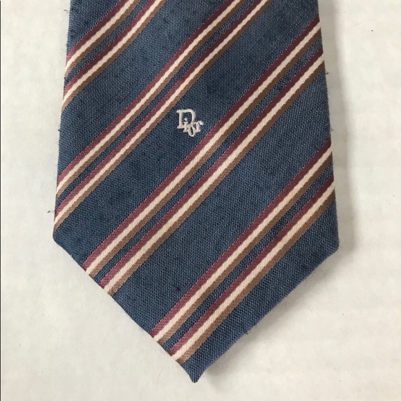 DIOR Tie Denim Blue Rose Tan Cream Skinny Striped - Picture 8 of 11
